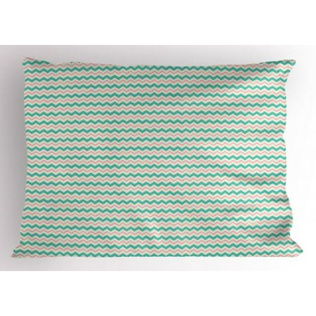 Chevron Pillow Sham Zigzag Stripes with Pastel Colors Hand Drawn Geometric Illustration, Decorative Standard King Size Printed Pillowcase, 36 X 20 Inches, Turquoise Pink and Ivory, by Ambesonne