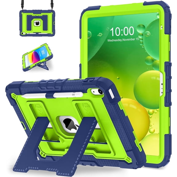 Case for iPad A16 11th Generation 11 Inch (2025) 10th 10.9 (2022),i Pad Military Grade Shockproof Cases with Pencil Holder Shoulder Strap,Navy Green
