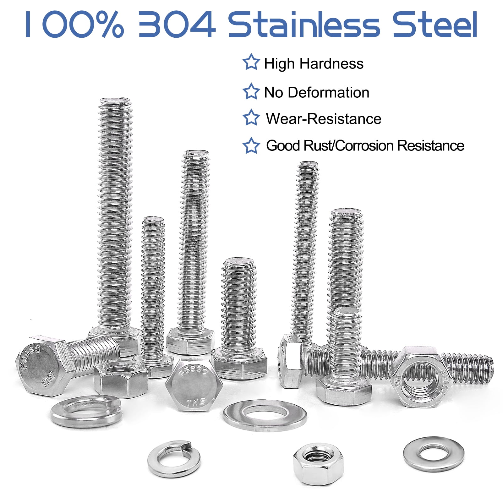 cyrico 252 Pcs Nuts and Bolts Assortment Kit, 304 Stainless Steel Hex Bolts and Nuts Washers Kit, 12 Size 1/4-20 5/16-18 3/8-16 Machine Screw Set Full Thread with Storage Case