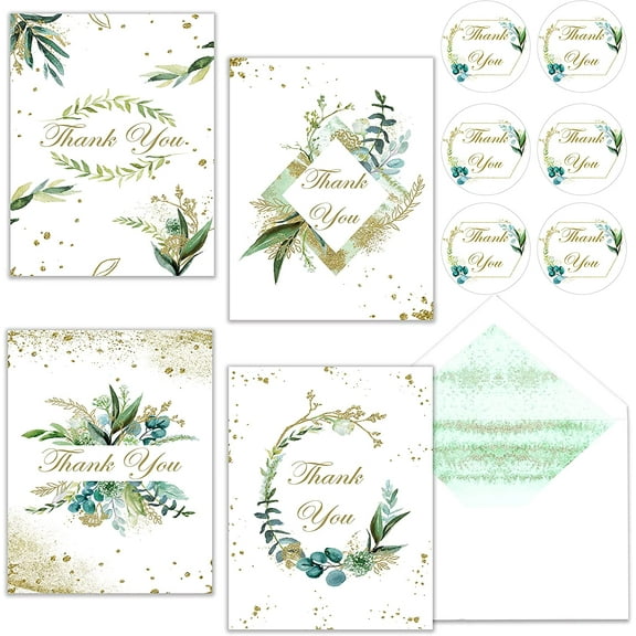 Thank you Cards with Envelopes - Include Stickers - 36 Pack Watercolor Floral & Gold Foil Notes Card Set -  Perfect for Wedding Bridal Baby Shower