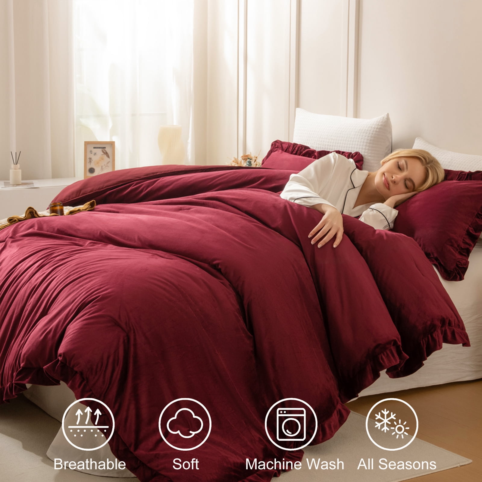 Burgundy Velvet Comforter Set Queen, Ruffled Fluffy Plush Bedding with Pillowcases, All-Season Cozy Luxury Bed Set for Women & Girls
