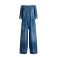 thumbnail image 5 of Off-Shoulder Denim Jumpsuit for Women, Long Sleeve Button Front Wide Leg Romper with Pockets - Washed Casual Playsuit Blue L, 5 of 6