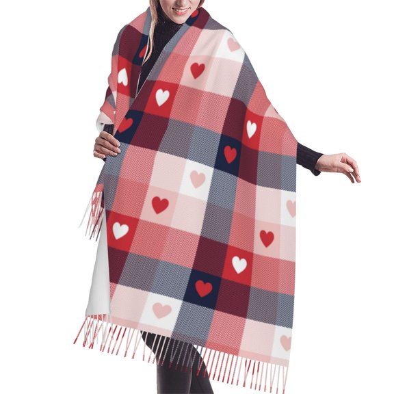 Shawl Wraps for Women - Red heart plaid A Oversized Fall Winter Fashion Blanket Scarf for Women