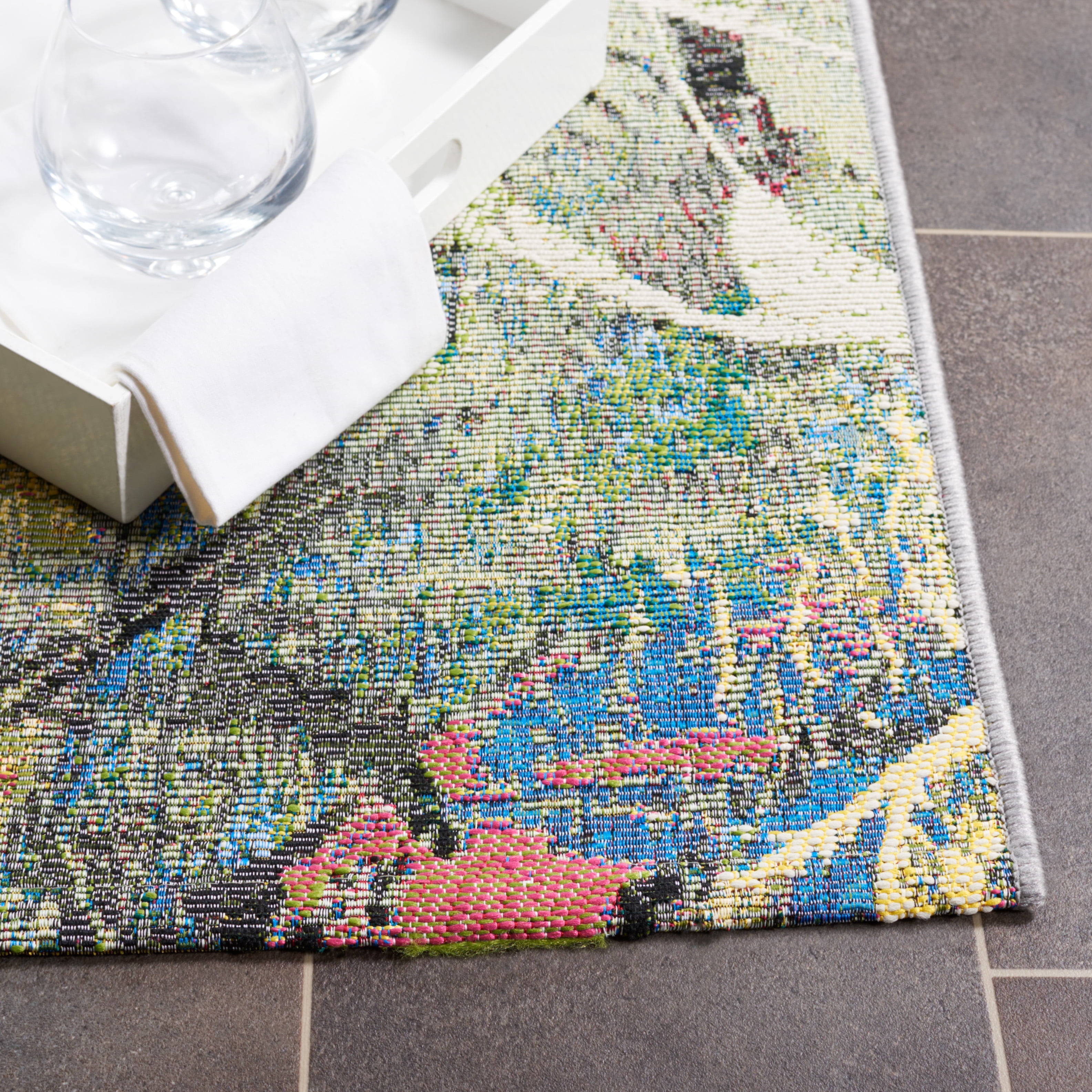 SAFAVIEH Barbados Eamon Botanical Indoor/Outdoor Area Rug, Black Green/Pink, 8' x 10'5"