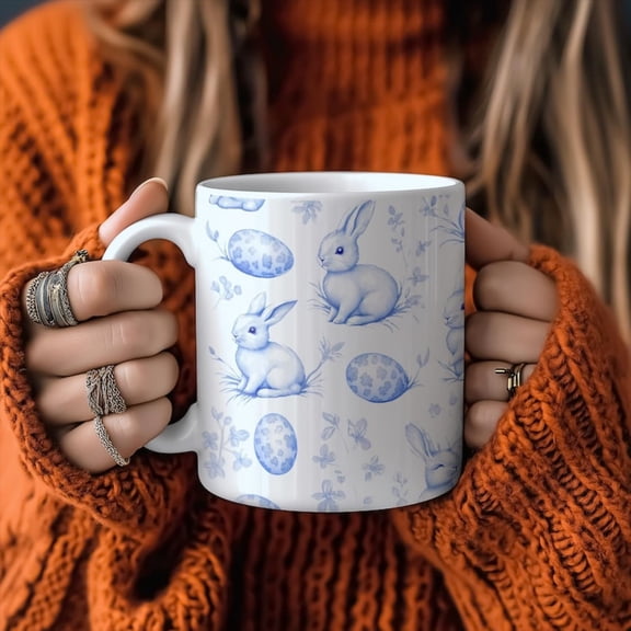 Toile de Jouy Easter Bunny Mug Ceramic Spring Drinkware, oz mug.