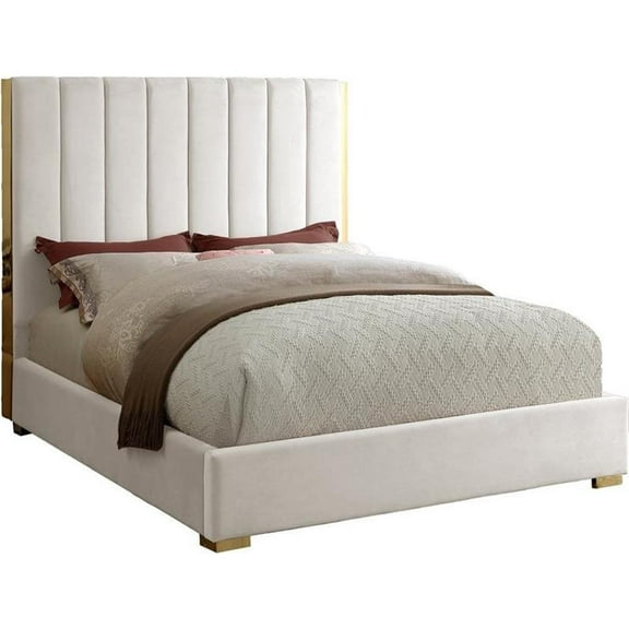 Maklaine Modern 61.5''H x 63.5''W x 81''D Metal and Velvet Full Bed in Cream
