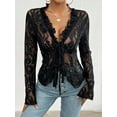 thumbnail image 4 of Women'S V Neck Lace Sheer Top Mesh See Through Shirts Open Front Tie Long Sleeve Blouses Y2k Going Out Tops Blue XL, 4 of 10