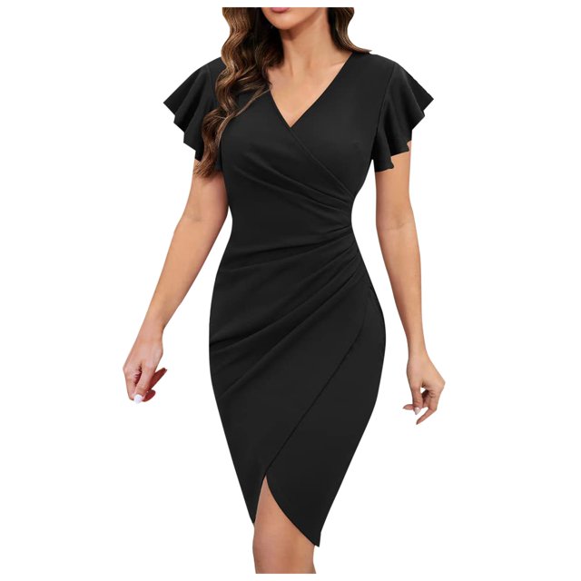 XDZJLR Womens Dresses Summer V Neck Ruffled Sleeve Wrap Pleated Tight Cocktail Party Work Dress