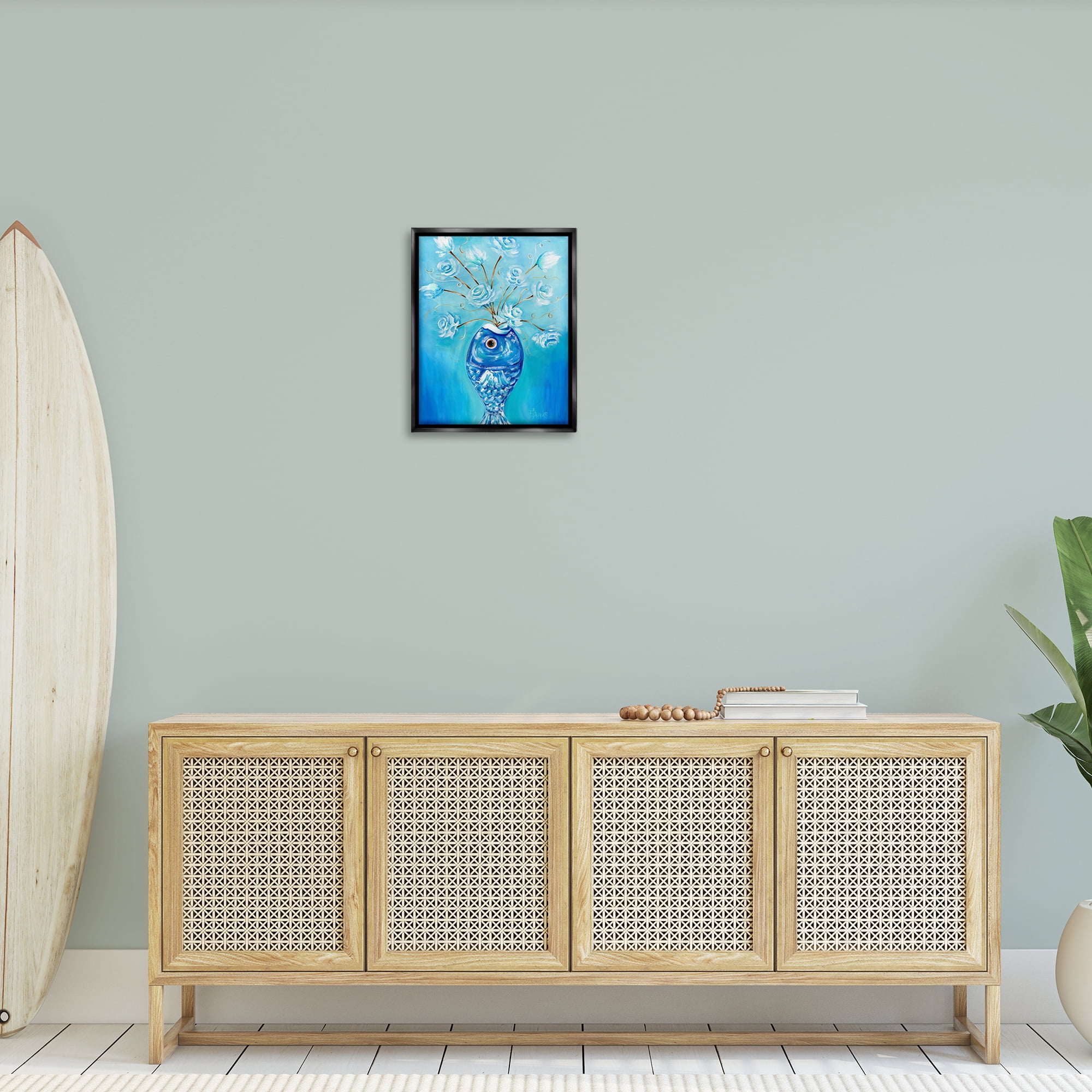 Stupell Industries Fish Vase Bouquet Botanical & Floral Painting Black Floater Framed Art Print Wall Art, 17 x 21