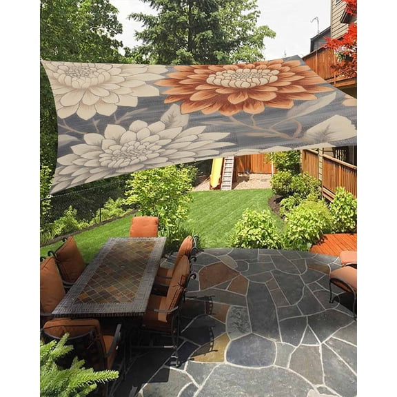 Retro Dahlia Flowers Sun Shade Sail 12'X16' Plant Grey Beige Art Watercolor UV Block Outdoor Sail Shades Breathable Waterproof Rectangular Sunshade for Patio Garden Pool Pergola Porch