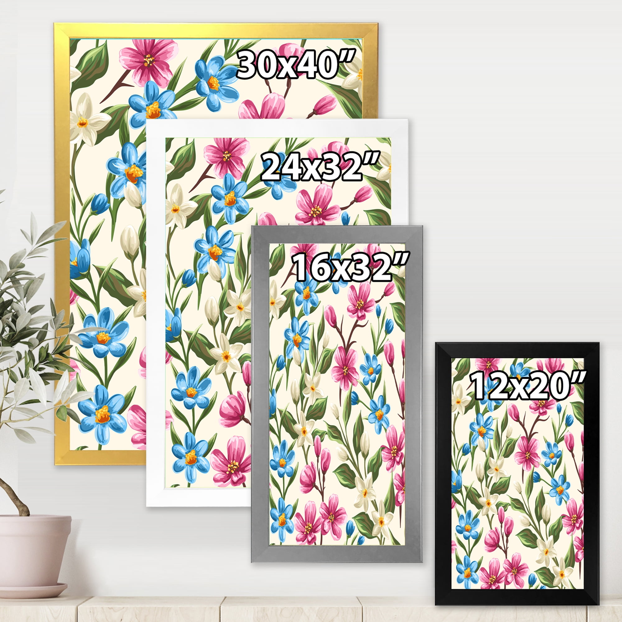 Designart 'Vintage Blue and Pink Wildflowers' Traditional Framed Art Print
