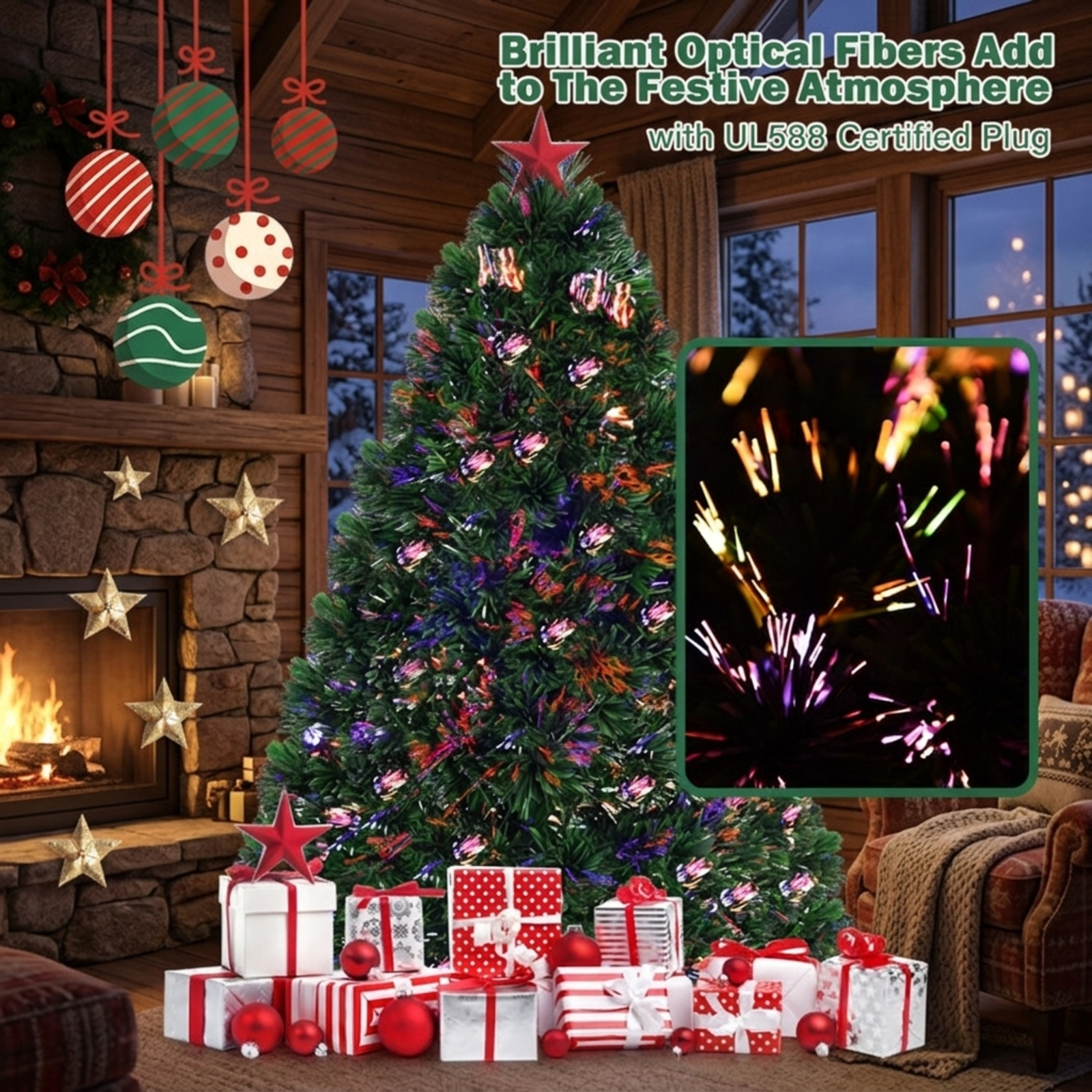 RUIE, 4 ft, Pre-Lit Artificial Christmas Tree, Small Fiber Optic Tree, 125 Branch Tips, Green, Hinged Branches for Christmas Party Living Room Decor