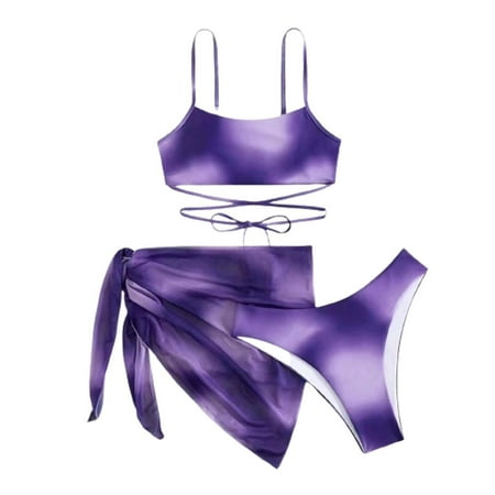 Women Swimsuits Sexy Seamless Triangle 3 Piece with Skirt Bikini Sets Purple Bathing Suit for Women S
