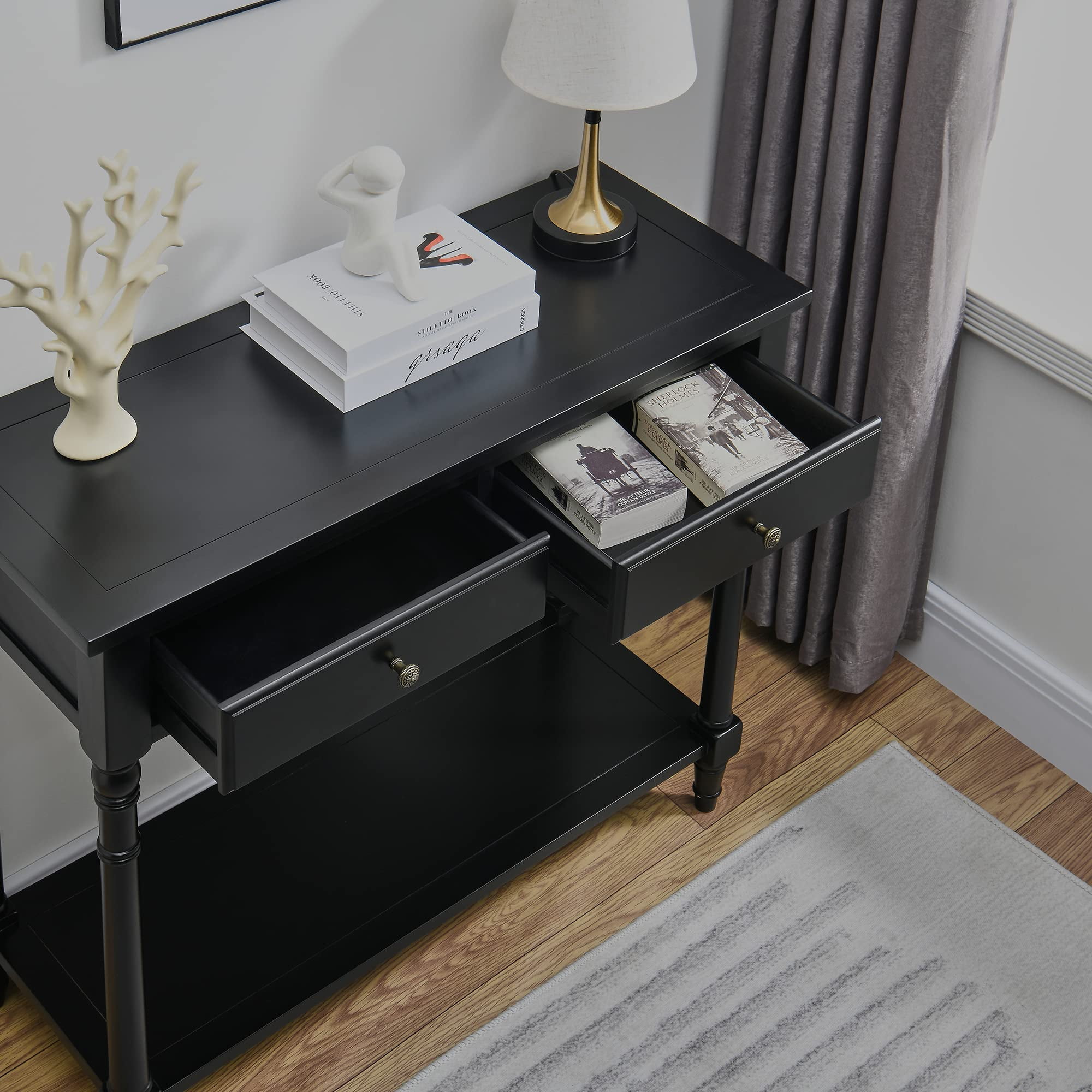 JESONVID Solid Wood Console Table with 2 Drawers, 2-Tier 35.4" X 30" Accent Sofa Table with Multilayer Storage Shelf Rustic Hall Entryway Tables for Living Room Home Office-Black