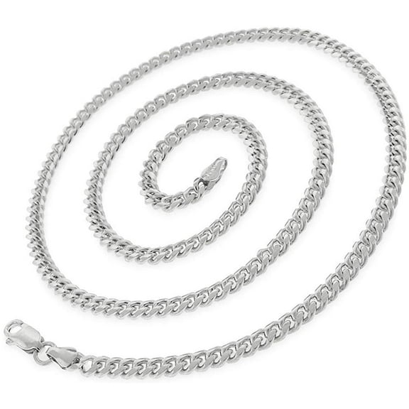 925 Italian Sterling Silver 4mm Miami Cuban, FREE Microfiber Cloth, Solid Bombe Curb Link Rhodium Chain Mens Womens Necklace, Giorgio Bergamo