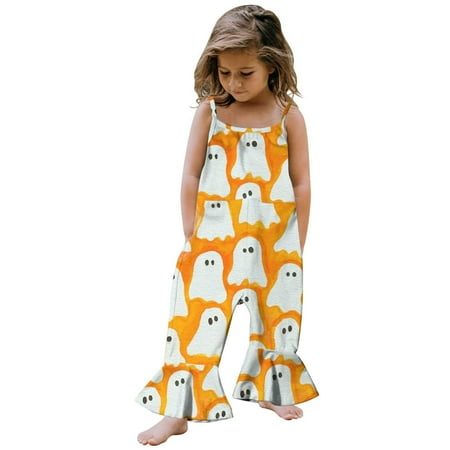 

QISIWOLE Kids Toddler Baby Girls Sleeveless Jumpsuit Halloween Ghost Pumpkin Witch Graphic Romper Harem Pants Outfits