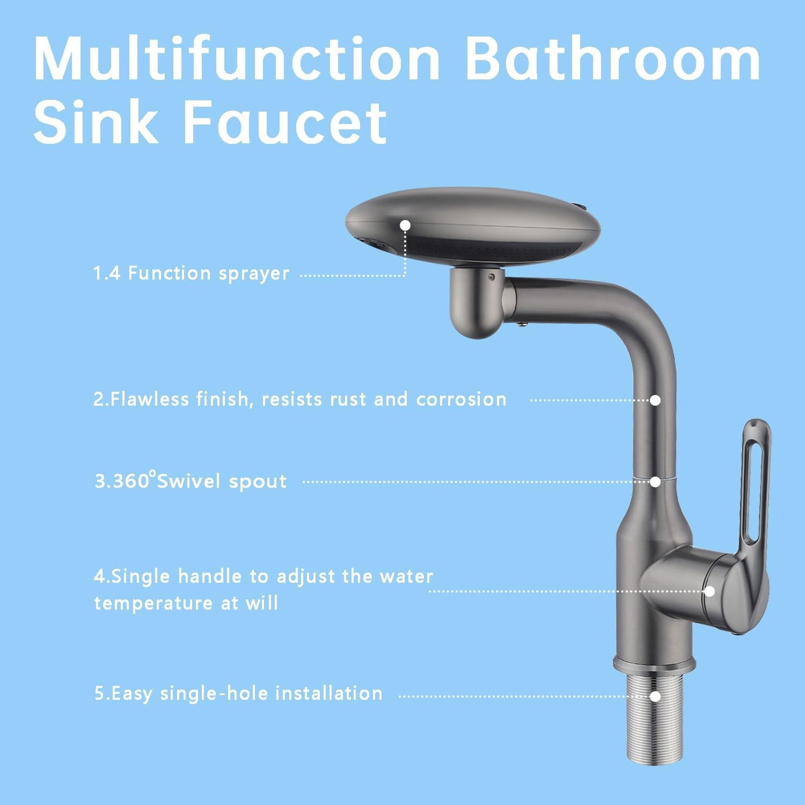 Ecohintz Bathroom Faucet, Modern Grey Bathroom Faucet with 360° Swivel Spout & 4 Spray Modes - Single-Hole Basin Tap with Water Supply Connections | Sleek & Practical Upgrade, Single Hole Faucet