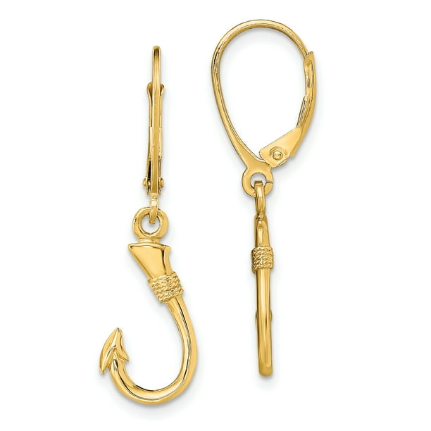 Earring Dangle 14K Yellow Gold 3D Fish Hook Dangle Lever back Earrings