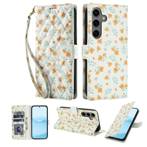 for Samsung Galaxy S25 Wallet Case with Wrist Strap, Women Girls Flower Pattern PU Leather Shockproof Protective Folio Cover with Card Holder Kickstand for Samsung Galaxy S25, Pattern-C