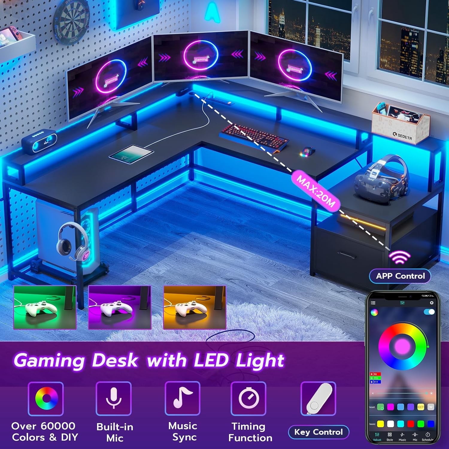 L Shaped Desk with Power Outlet and LED Lights, Computer Desk with File Drawer, Study Writing Desk Workstation for Home Office, Black