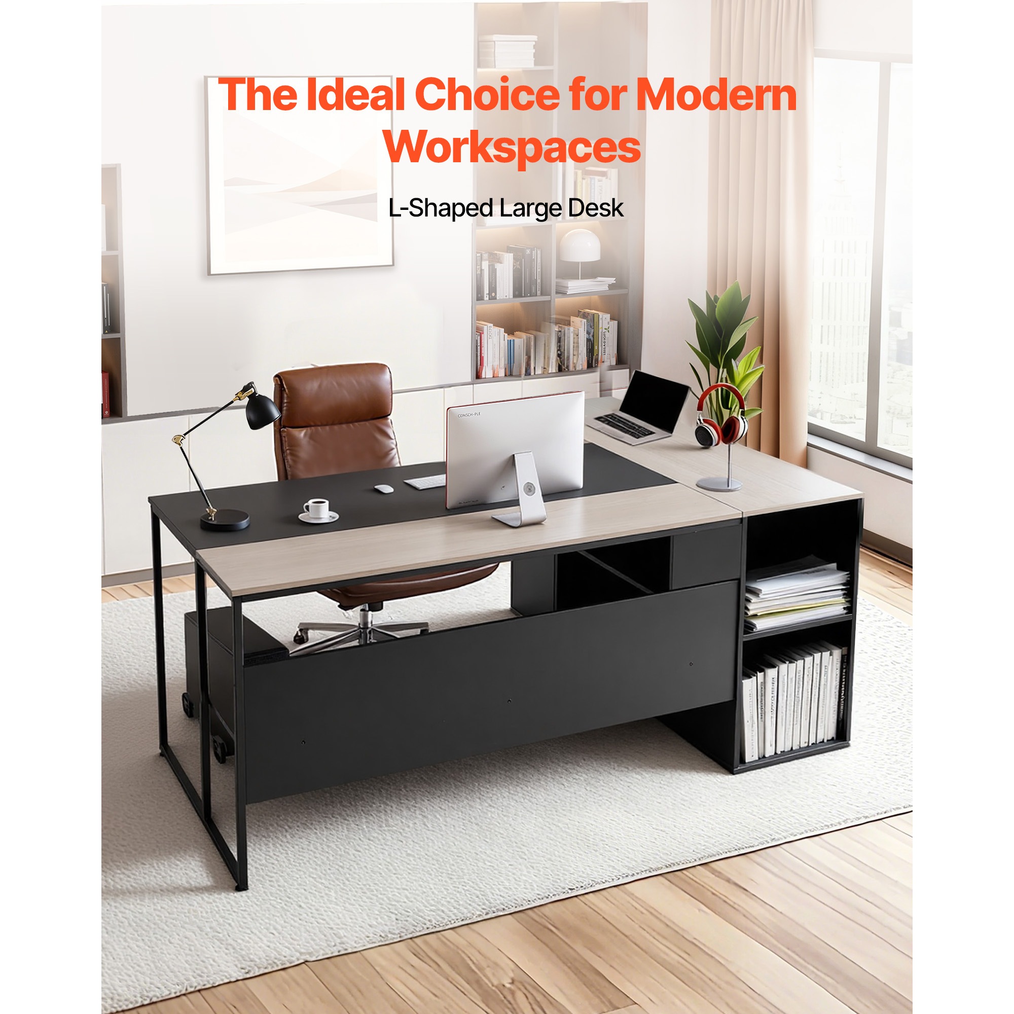 KFFKFF L-Shaped Office Desk with Storage Cabinet and Drawers, Spacious Wooden Workstation with CPU Stand, Durable Design Supporting Up to 350 lbs, Simple Assembly for Work, Study, or Writing