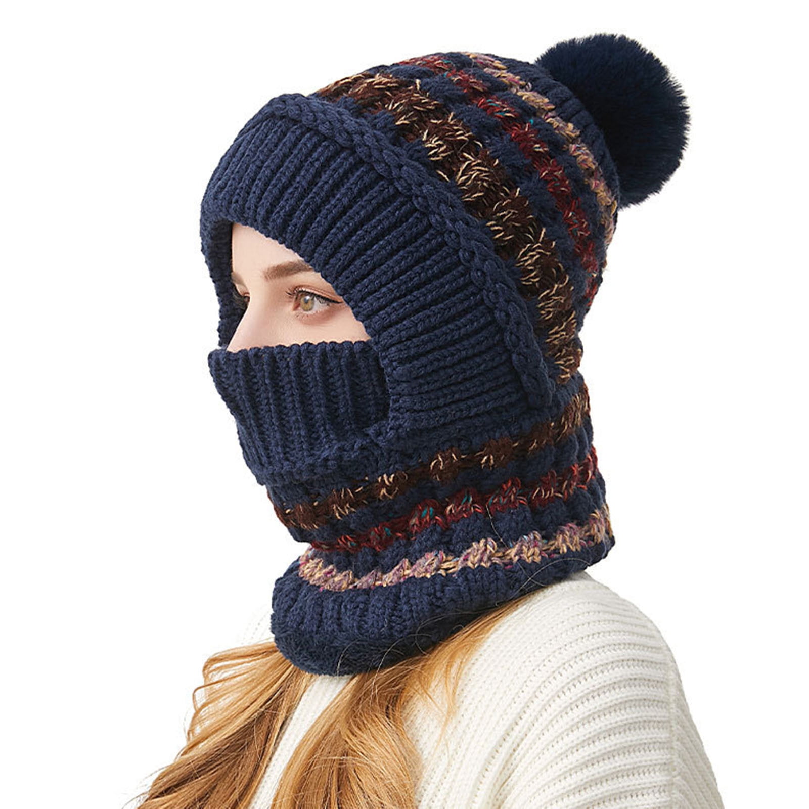 Cadancy Women Winter Hats 3 In 1 Beanie Hat with Scarf and Mask Chunky Knitted Color Block Snow Caps Pompom Cute Warm Stocking Cap Windproof Cozy Cold Weather Balaclava
