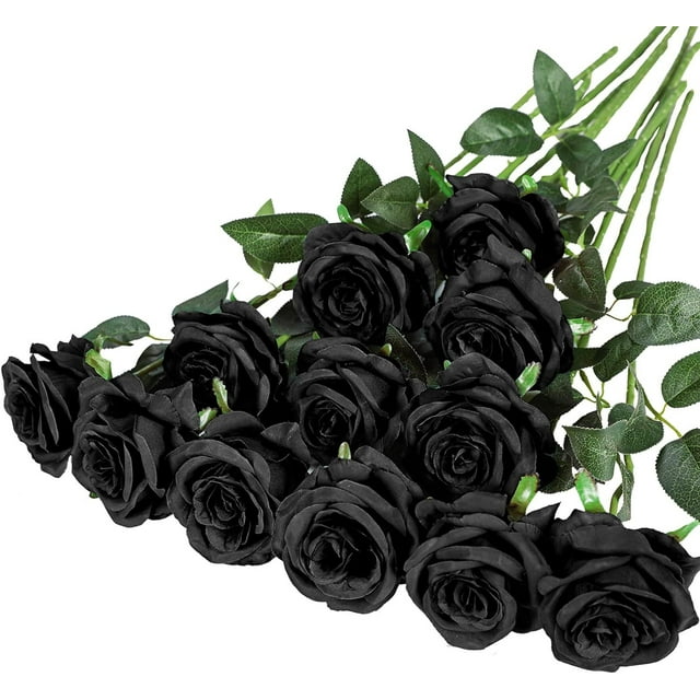 Xiao Hua 12 ramos de flores artificiales de seda, rosas realistas con tallos largos para decoración del hogar, boda o fiesta (negro)