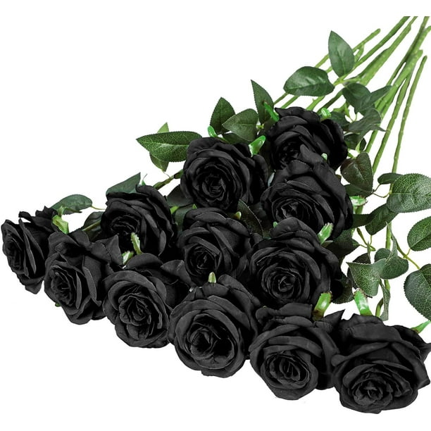Xiao Hua 12 ramos de flores artificiales de seda, rosas realistas con tallos largos para decoración del hogar, boda o fiesta (negro)