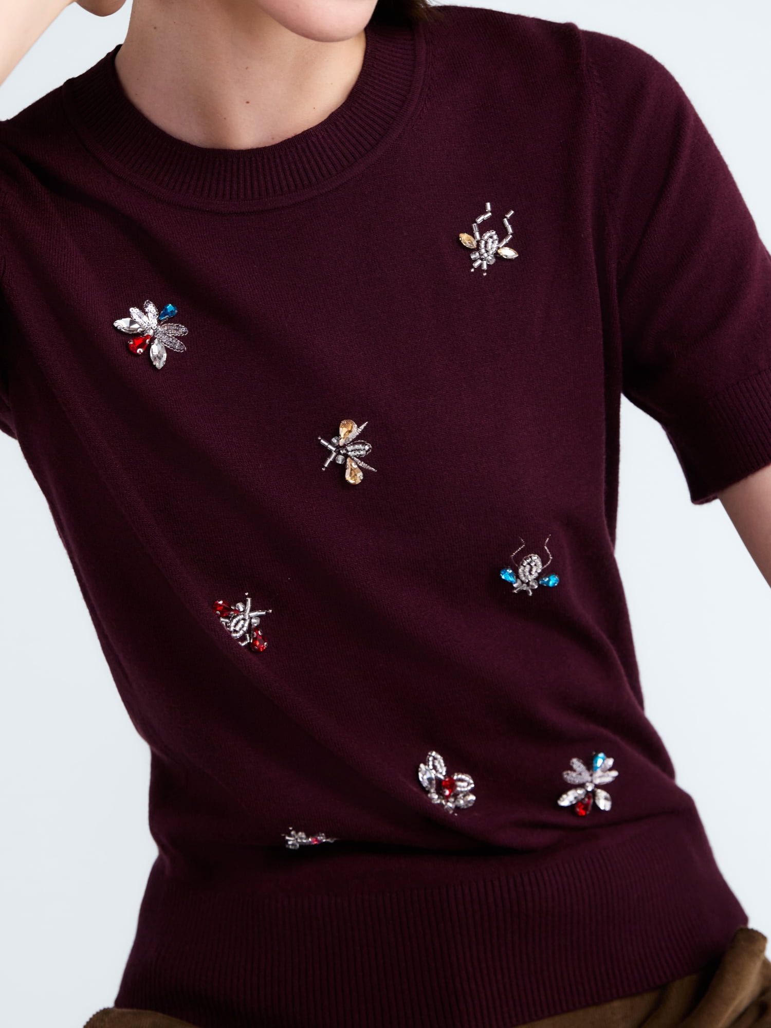 Free Assembly Women's and Women's Plus Embellished Cozy Yarn Sweater with Short Sleeves, Sizes XS-4X