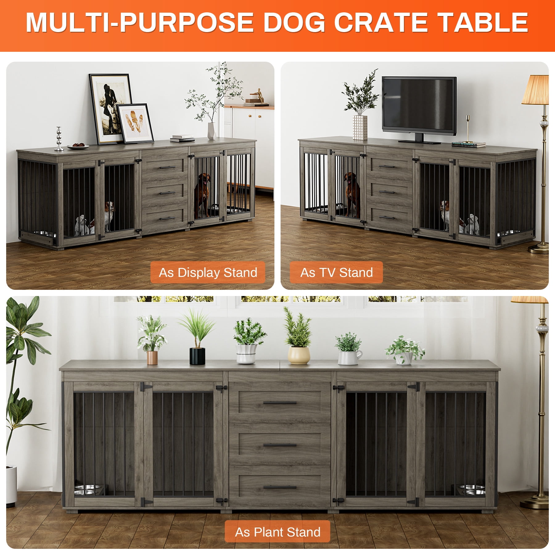 Rophefx 95.4" Dog Crate Furniture for 2 Dogs,Large Kennel with 3 Drawers and 4 Bowls,Wooden Heavy Duty Indoor Dog House,Grey