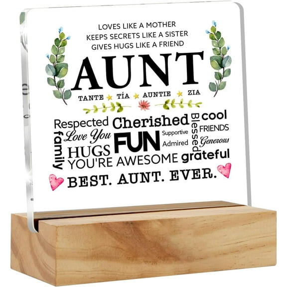 Aunt Gifts From Niece Nephew Best Aunt Ever Desk Decor Auntie Acrylic Desk Plaque Sign with Wood Stand Home Office Desk Sign Keepsake 4x4 Inch