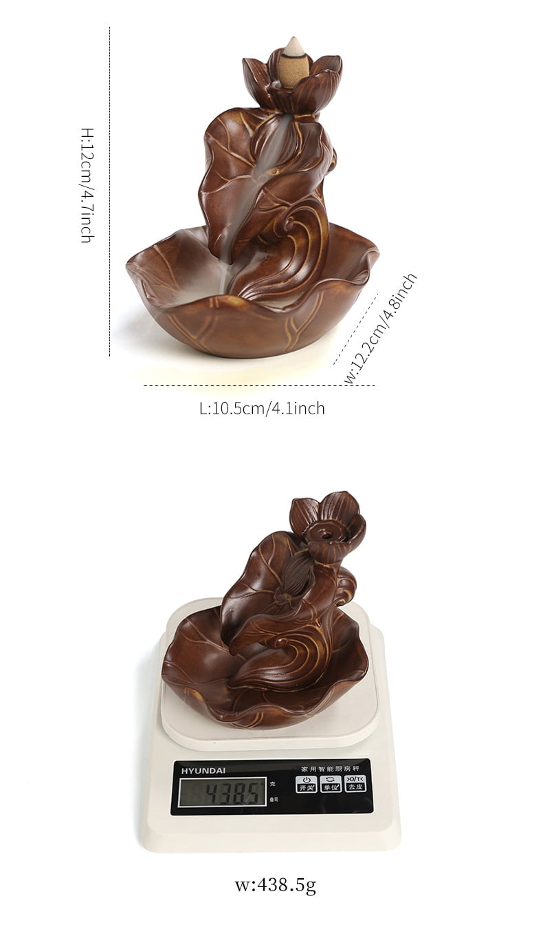 Ceramic Lotus Backflow Incense Burner Indoor Waterfall Smoke Incense Holder Creative Retro Lotus Leaf Incense Burner Aromatherapy Ornament