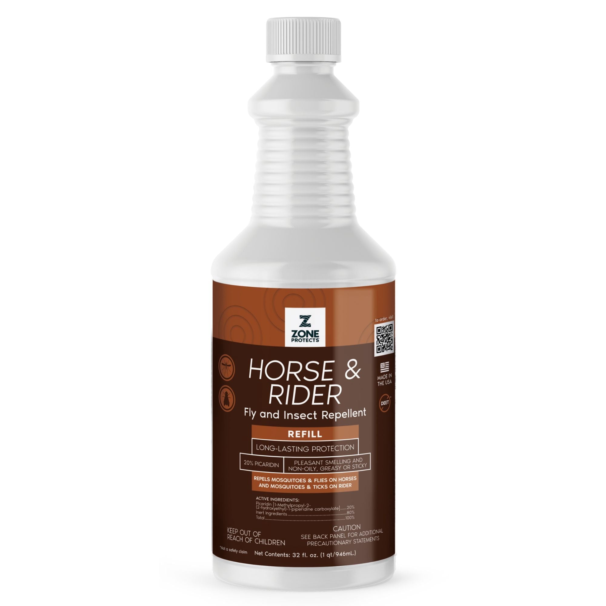 Zone Protects Horse & Rider Fly and Insect Repellent Refill, 32oz; Picaridin Based Masking Spray for Horses & Riders; 12-hrs Protection Against 400 Fly Species