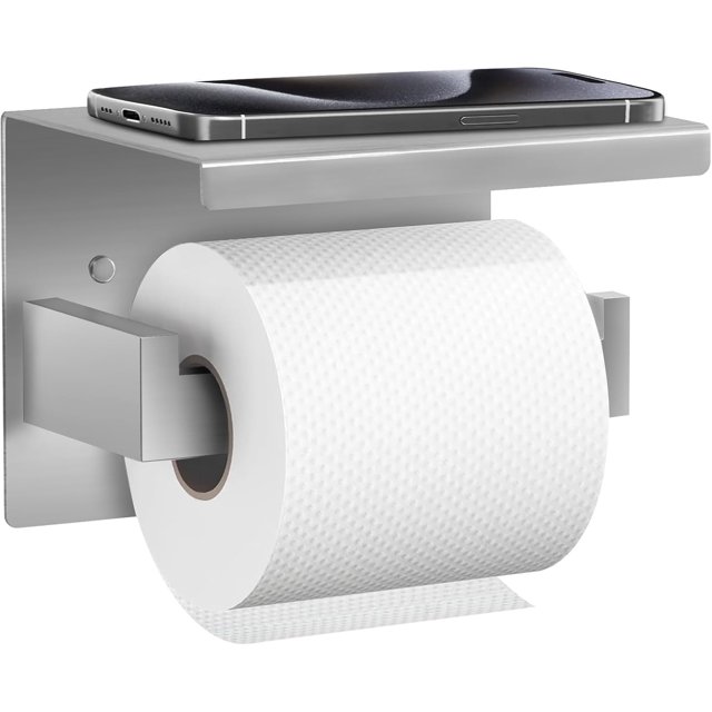 Porte-Rouleau de Papier Toilette en Acier Inoxydable Argenté SUS304, Design Antirouille et Anti-Chute, Porte-Rouleau de Papier Toilette Auto-Adhésif Ou à Vis avec Étagère de Rangement