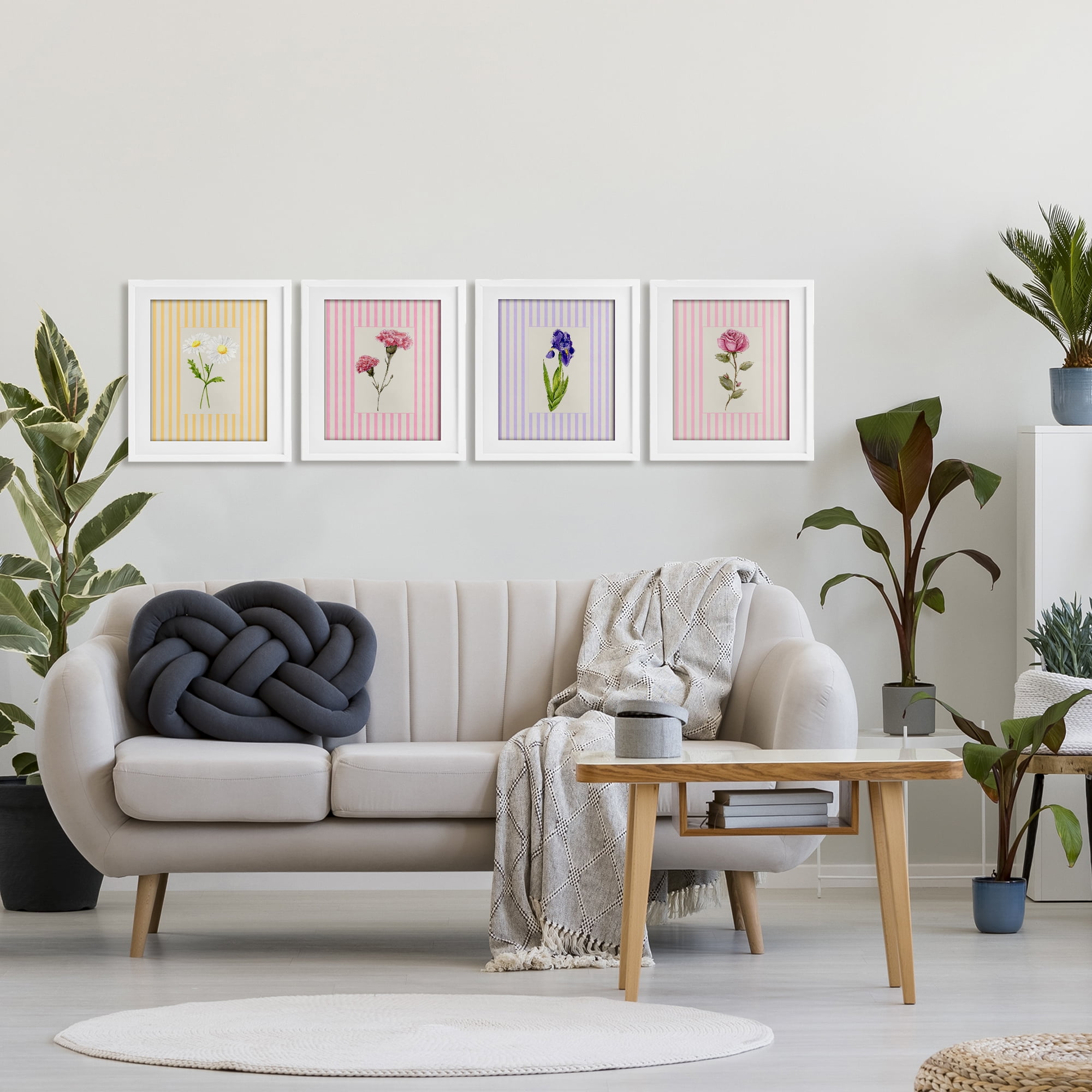 Cottage Stripe Sprigs 4 Piece White Framed Print Under Glass Set, design by Lisa Wehmeyer