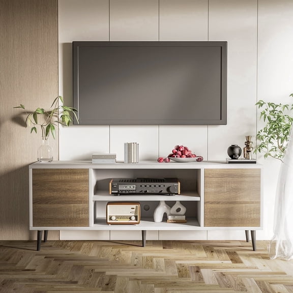 Homall 58'' Modern TV Stand,White&Walnut Wood Entertainment Center with Storage Drawers & Cable Management for Living Room