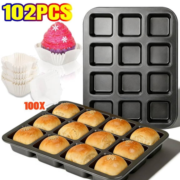 102 Piece/kit: 2 Pack Square Muffin Baking Pan with 100 Piece Cupcake Liners Sets, 12 Mini Cavity Premium Steel Muffin Pan Nonstick for Baking