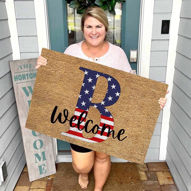 4th of July English letters Outdoor Welcome Patriotic Door Mat Independence Day Rug with Rubber Non Slip Backing Imitation Coir Door Mat for Porch Entry Staircase Bathroom Decor, 15" x 23"