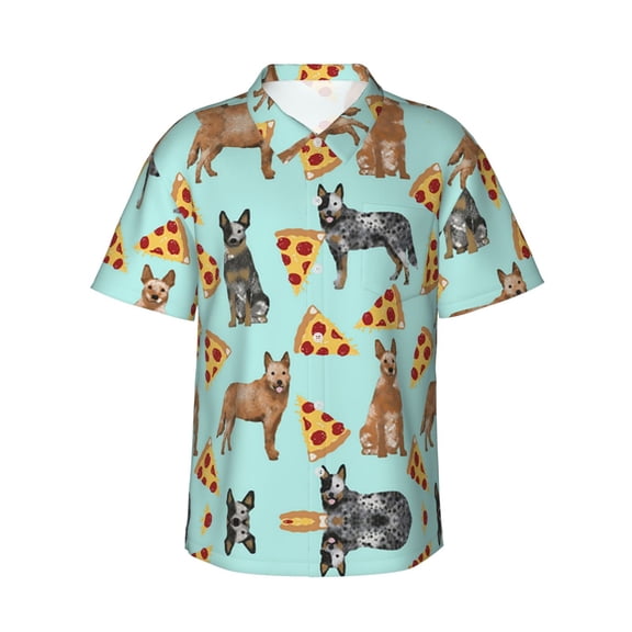 Australian Cattle Dog Pizza Hawaiian Shirts For Men, Summer Short-Sleeve Relaxed-Fit Button-Down Shirts Small