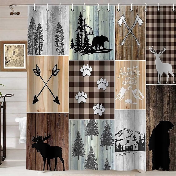 Rustic Cabin Shower Curtain, Country Brown Plaid Patchwork Pine Tree Woodland Black Bear Deer Elk Moose Animals Farmhouse Bathroom Decor, Waterproof Fabric Shower Curtain, 72 X 72 Inch