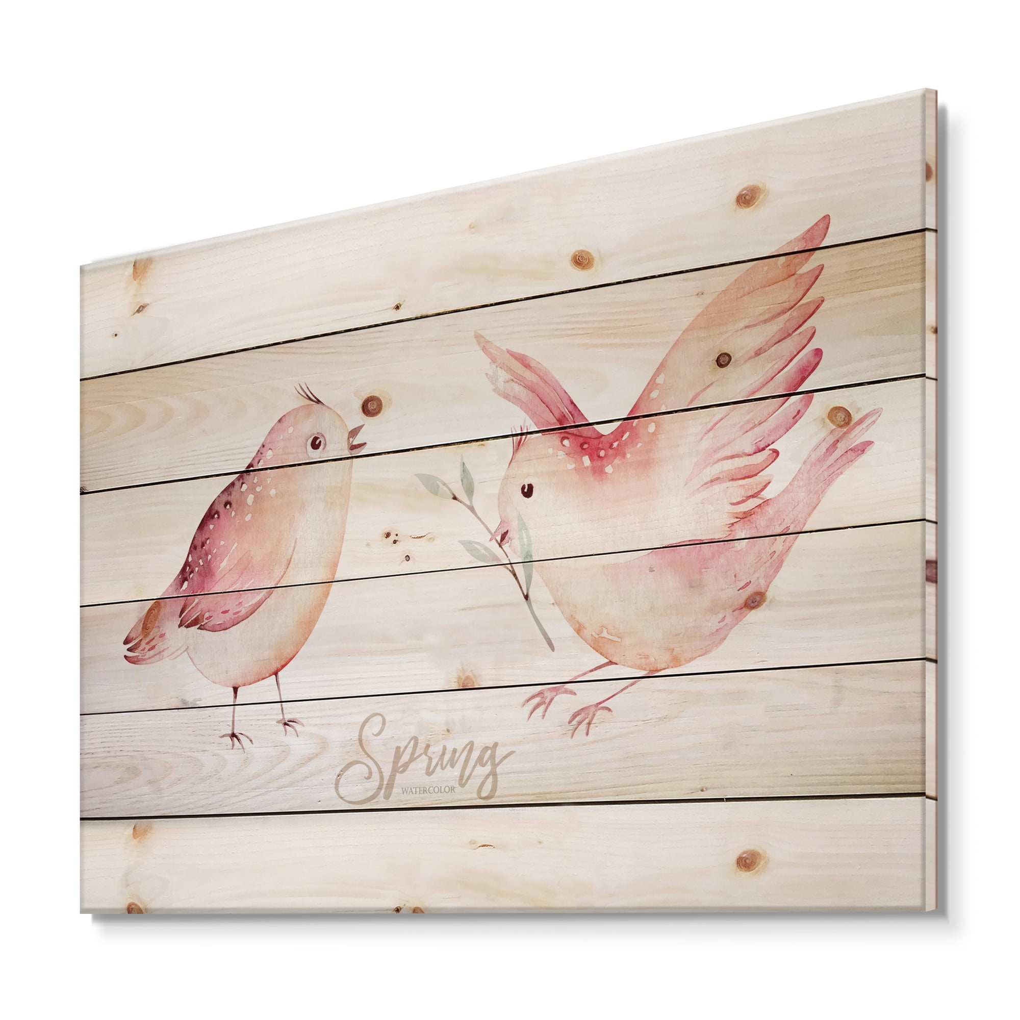 Designart 'Spring Bird With Green Leaves On White' Traditional Print on Natural Pine Wood