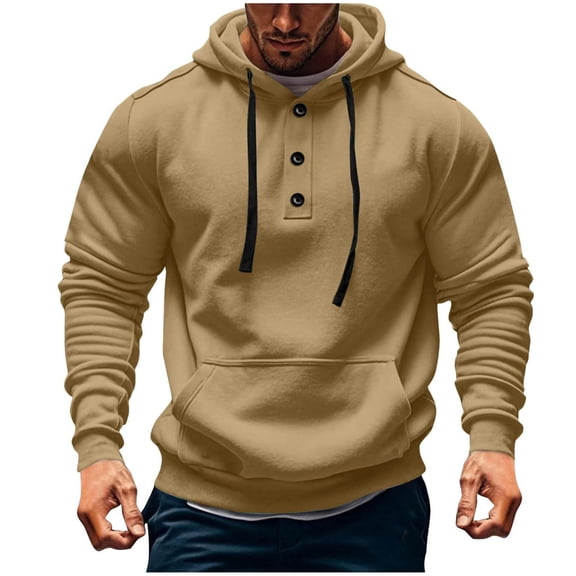 QTBIUQ Men Solid-Color Fashionable Pocket Button Drawstring Casual Sports Long Sleeve Cardigan Hooded Sweatshirt Khaki