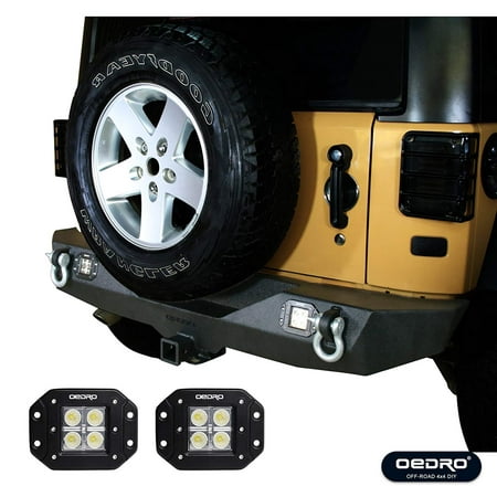 OEDRO JK Rear Bumper + 2x Square LED Lights Combo, Compatible for 07-18 Jeep Wrangler Unique STAR GUARDIAN Design, Upgraded Textured Black Off Road w/ 2