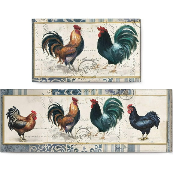 Set of 2 Rooster Kitchen Rugs Non Skid, Washable Chicken Rugs for Kitchen Floor,Farmhouse Decorative Rooster Kitchen Mats and Rugs for Seasonal
