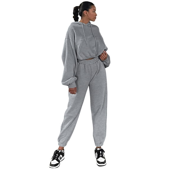 Women's Fashionable Gray Solid Drop Shoulder Hoodie and Joggers Activewear Set | [ZhiHiMeRi] | (US 20-22)2XL