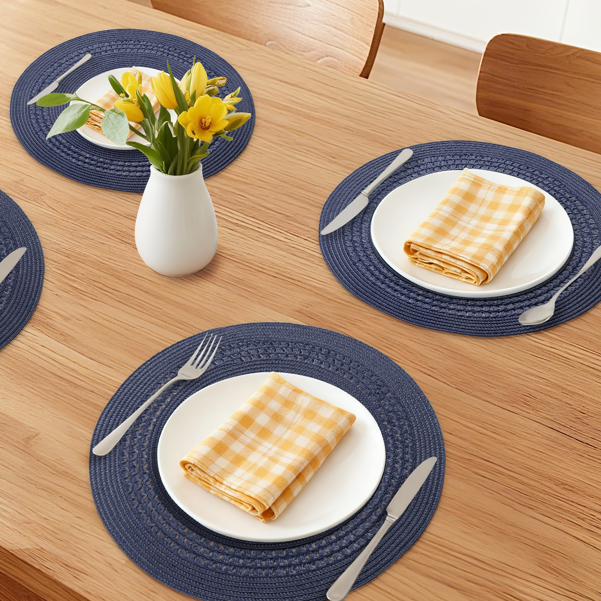 Unique Bargains Farmhouse Round Placemats Set of 6 Woven Placemats Navy Blue