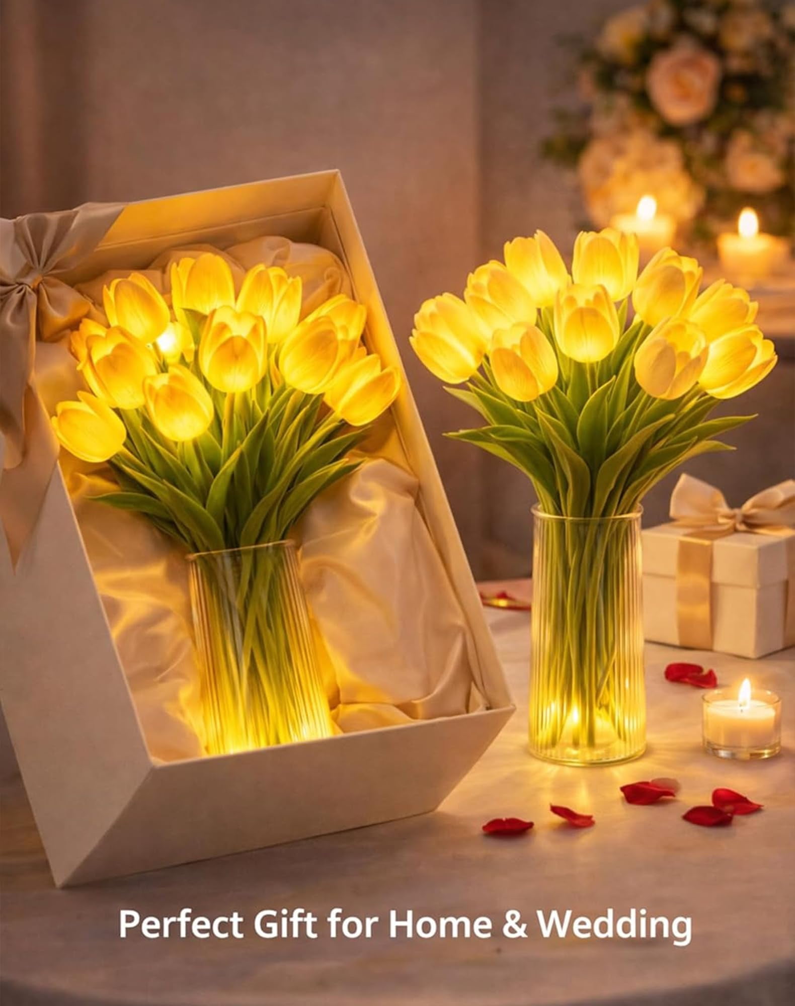 Tulip LED Light Lamp, 15PCS Artificial Tulip Flowers Light, Warm White Night Light with Adjustable Stems for Bedroom Bedside Romantic Decor Gift
