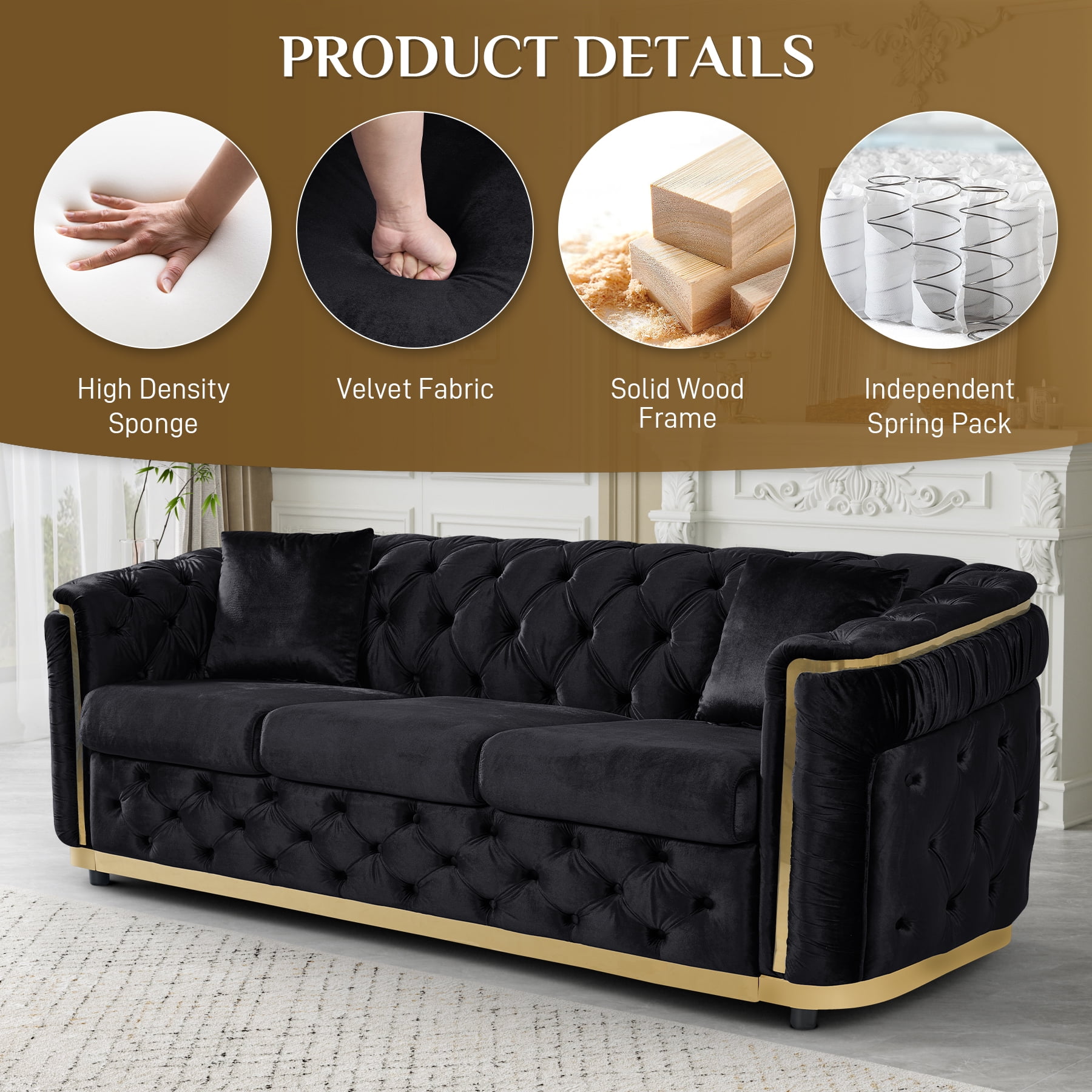 Wiilayok 84.6" Velvet Button Tufted Sofa,Mid-Century Classic Chesterfield Sofa Couch with Thick Backrest&Armrest,Gold Steel Accents,3 Seat Sofa Couches for Living Room,Black