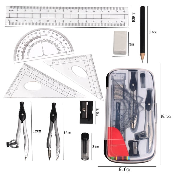 Geometry Set 10 Piece Math Supplies Kit | 2 Metal Drawing Compasses | Protractor 180° | 2 Triangles 45° 30°/60° | 6" Ruler | Pencil Lead Refill | Sharpener | Storage Box for Students Drawing