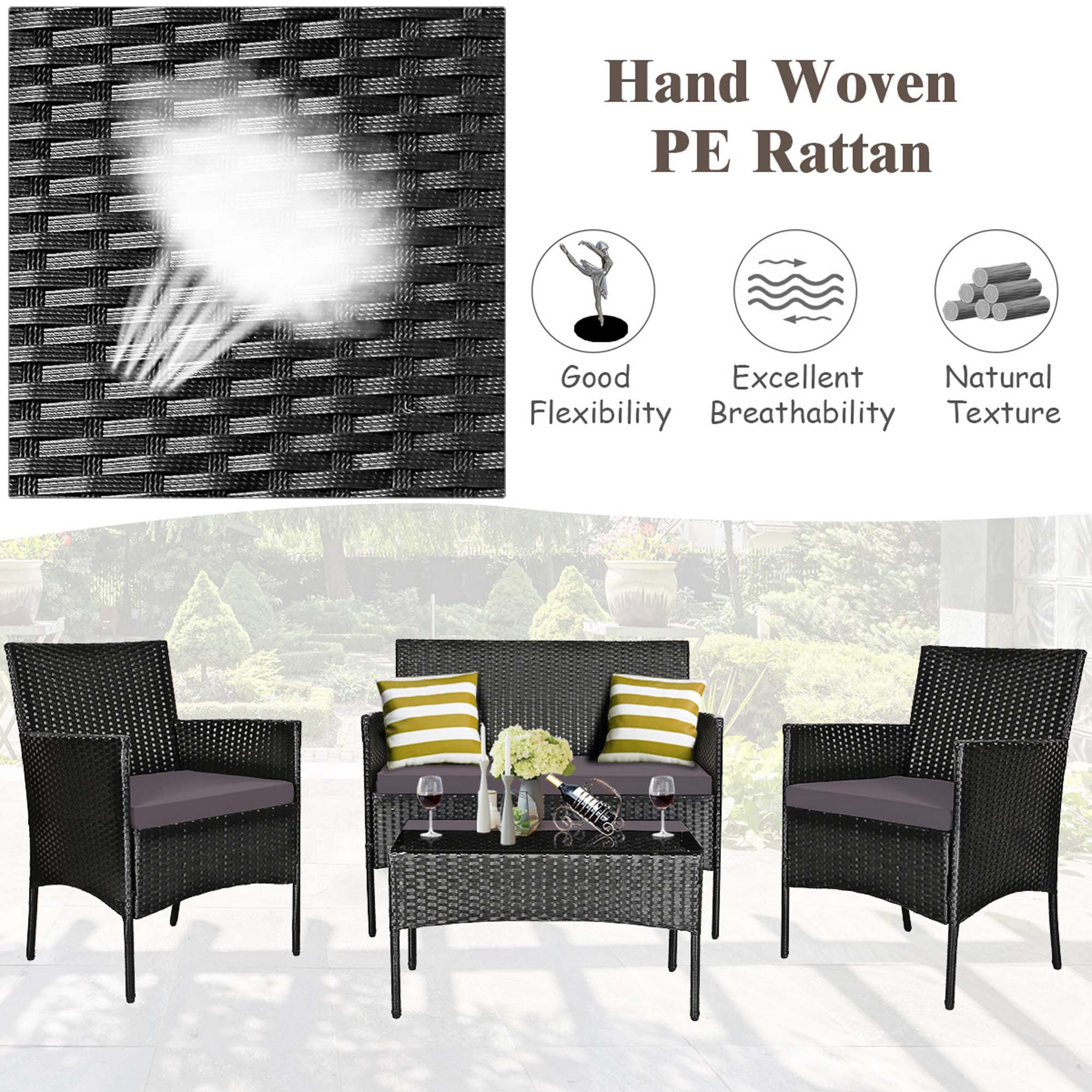 Costway 4PCS Patio Rattan Furniture Set Cushioned Sofa Coffee Table Backyard Grey